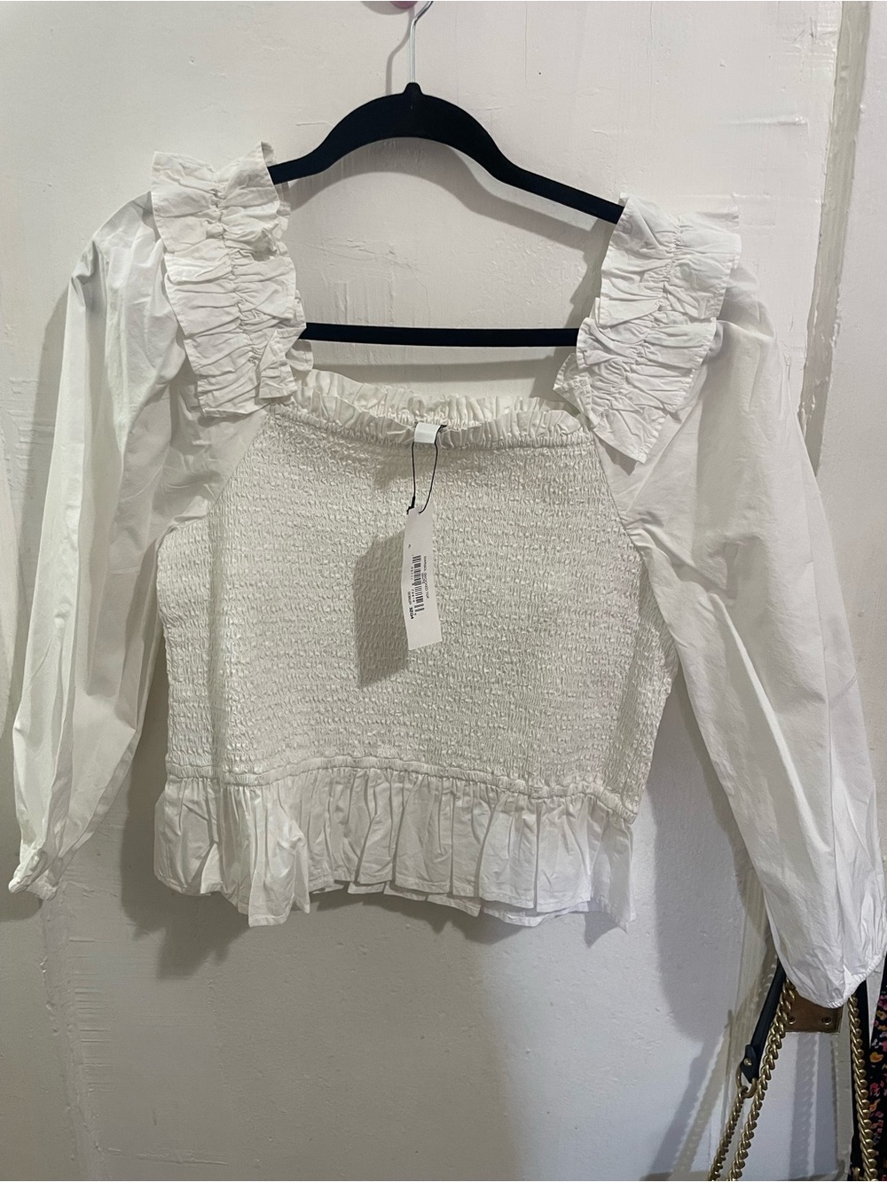 Smocked White Ruffle-Trim Long Sleeve Blouse